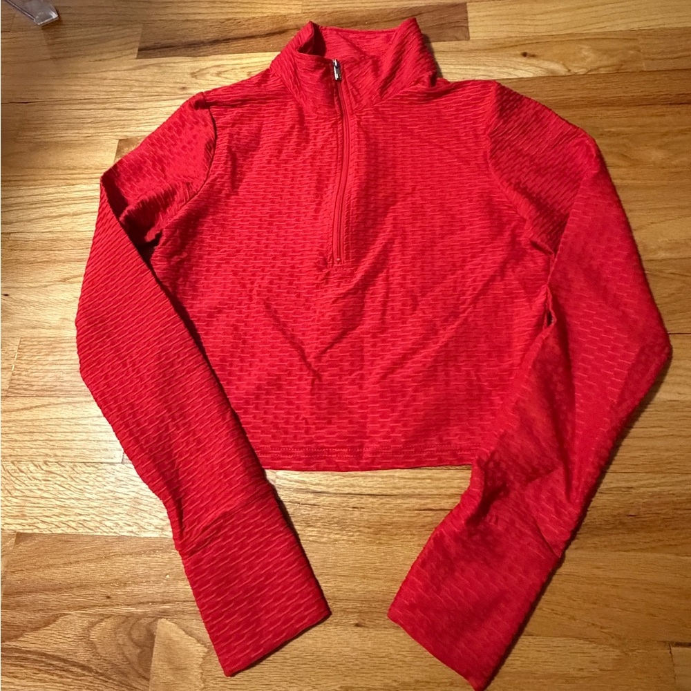 BuffBunny Red Textured Half-Zip Cropped Pullover